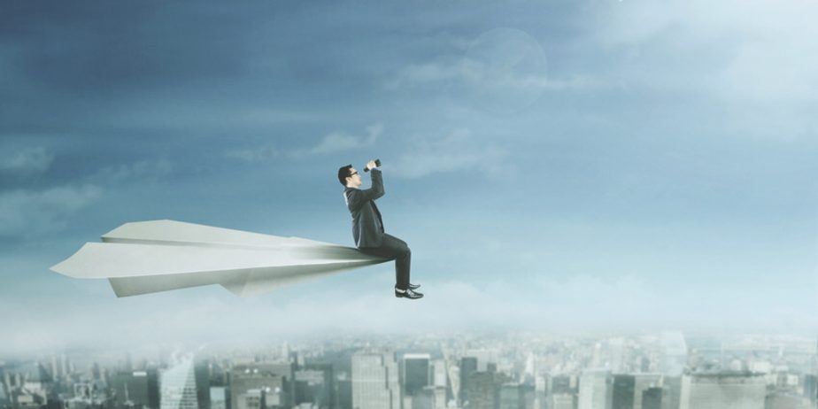 Funny pilot flying a hand drawn airplane. Mixed media