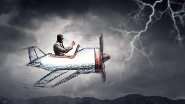Aviator in retro plane. Mixed media