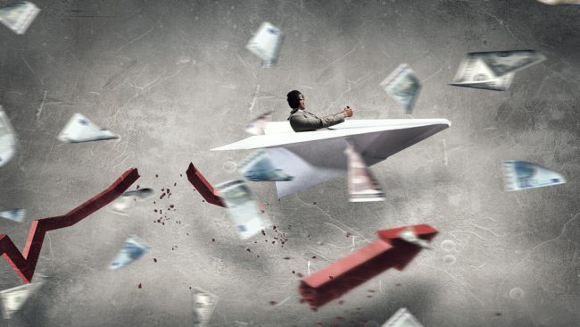 Aviator in origami plane. Mixed media