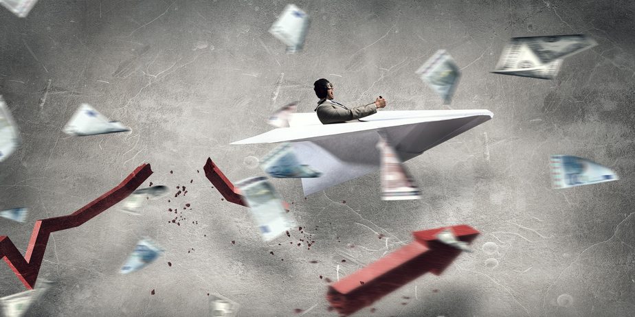 Aviator in origami plane. Mixed media